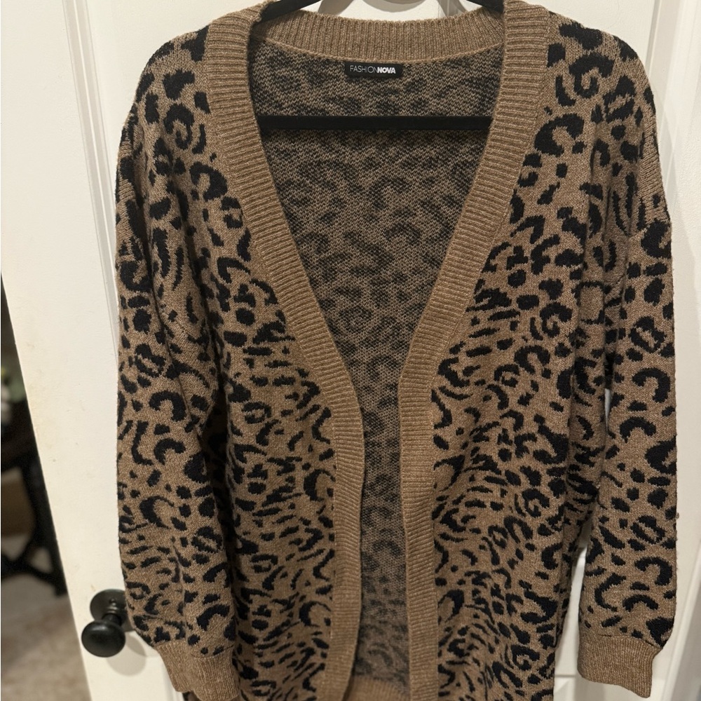 Fashion Nova Animal Print Cardigan in Brown and Black